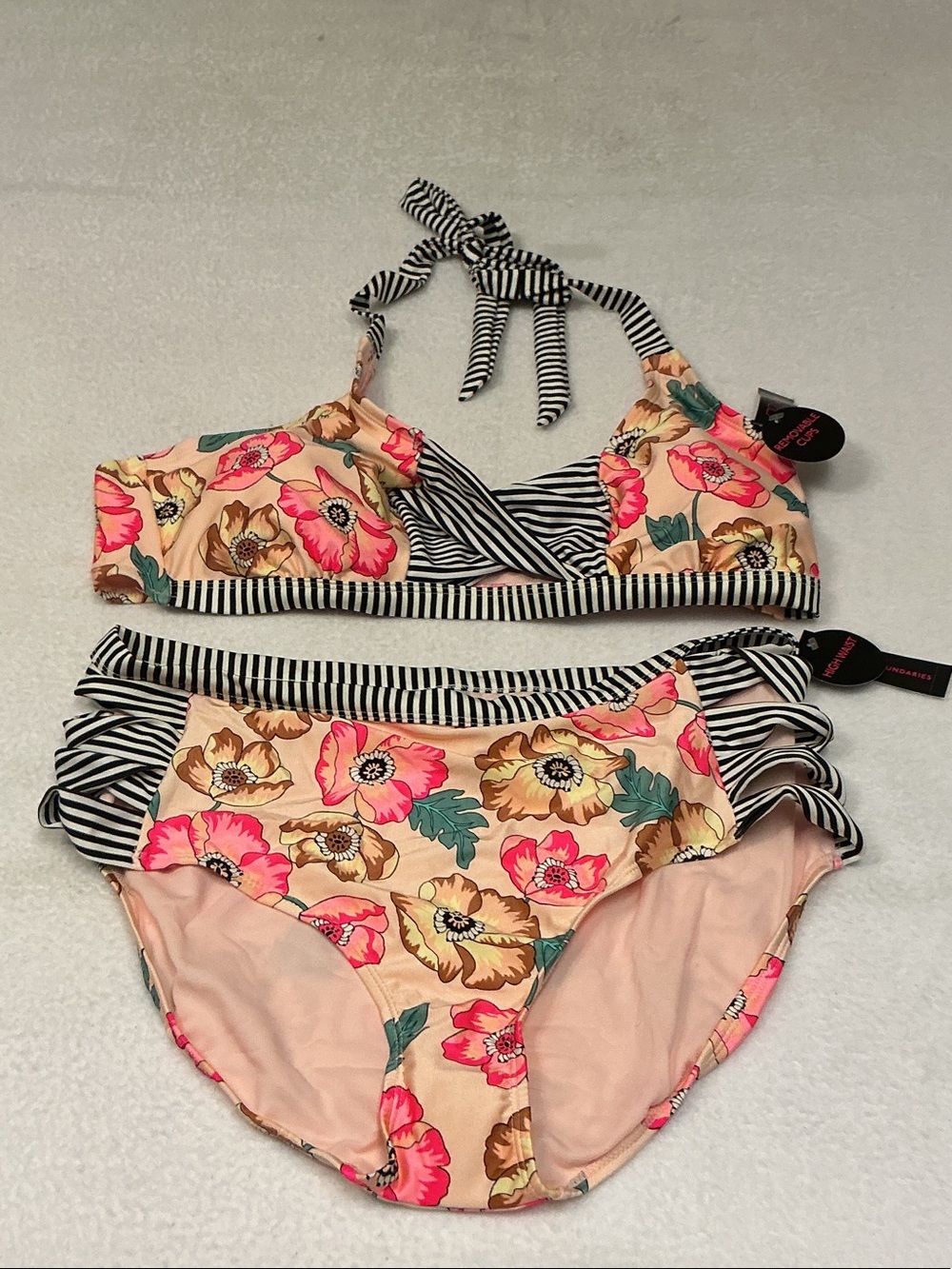 No Boundaries Floral Bikini Set in Pink, Black, Cream XXL top, XL Bottom, 3173